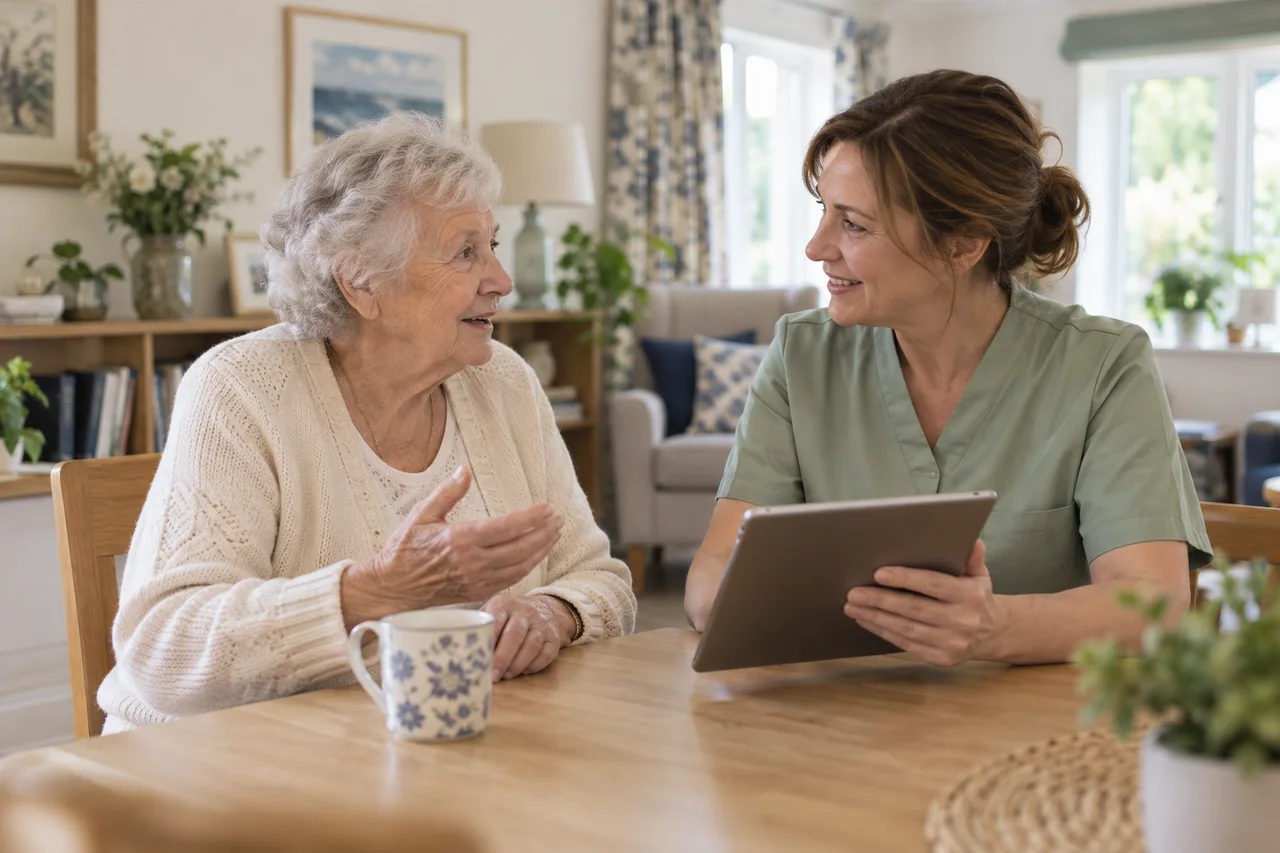 A carer talks with a resident at a table in a bright room while holding a tablet.
