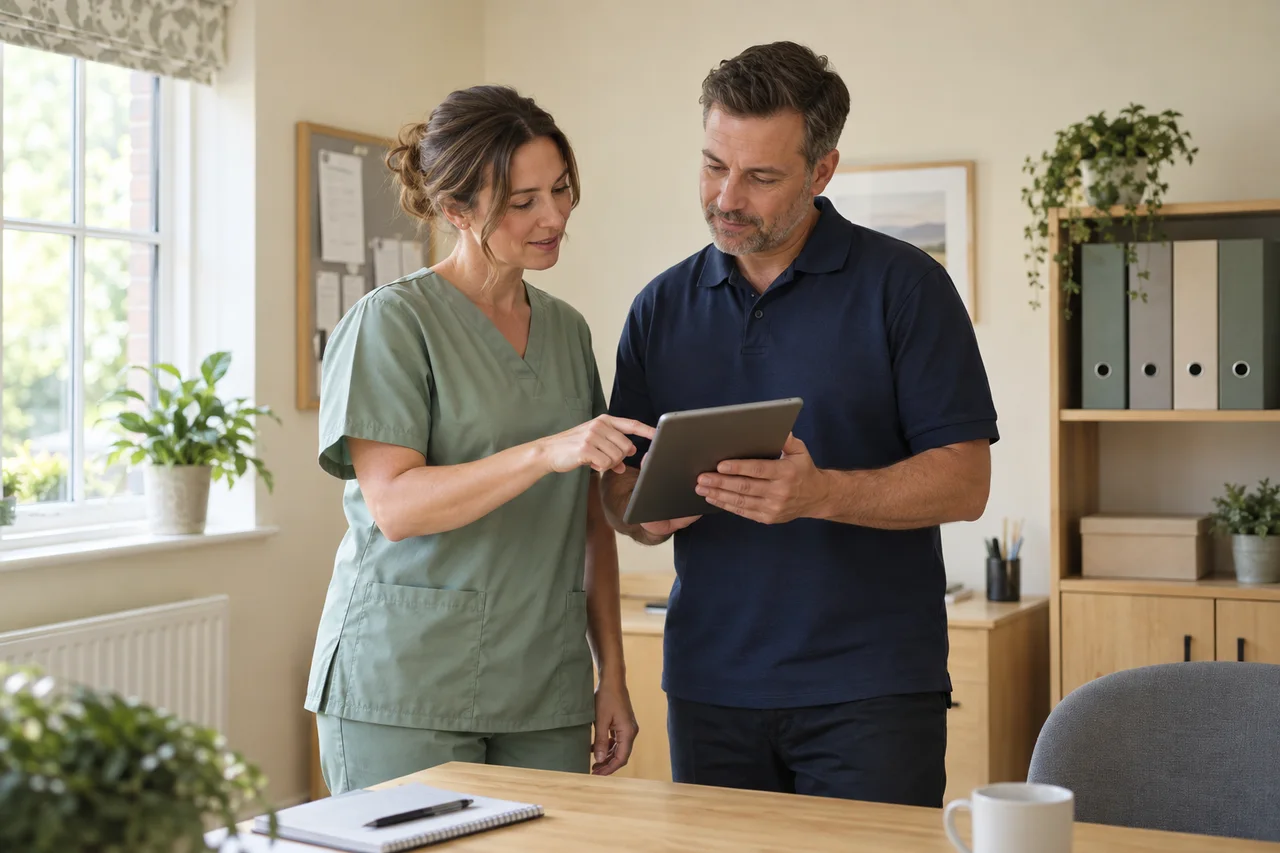 Two carers review information on a tablet during a shift handover.