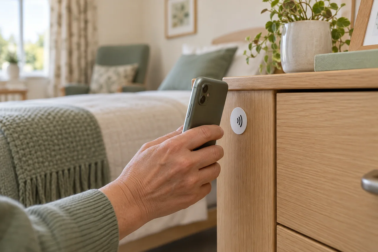 A phone beside an NFC tag on a cabinet in a quiet care room.
