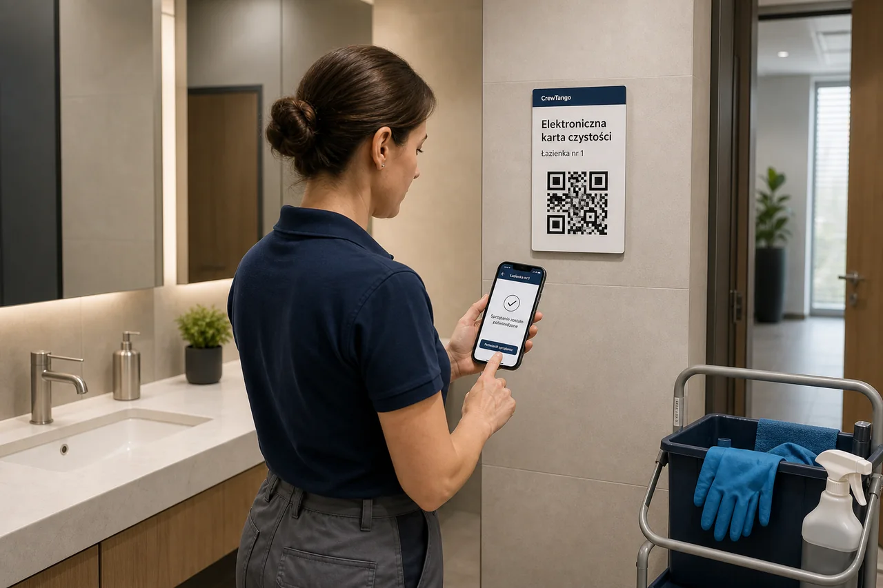 A cleaner scans the cleaning card and confirms completion on a phone.