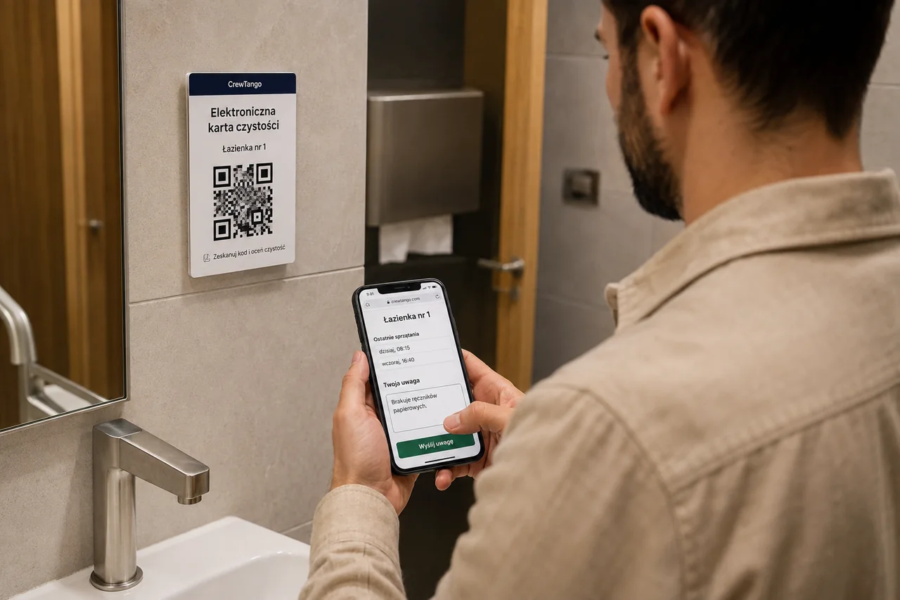 A visitor scans the card and reports missing supplies on a phone.