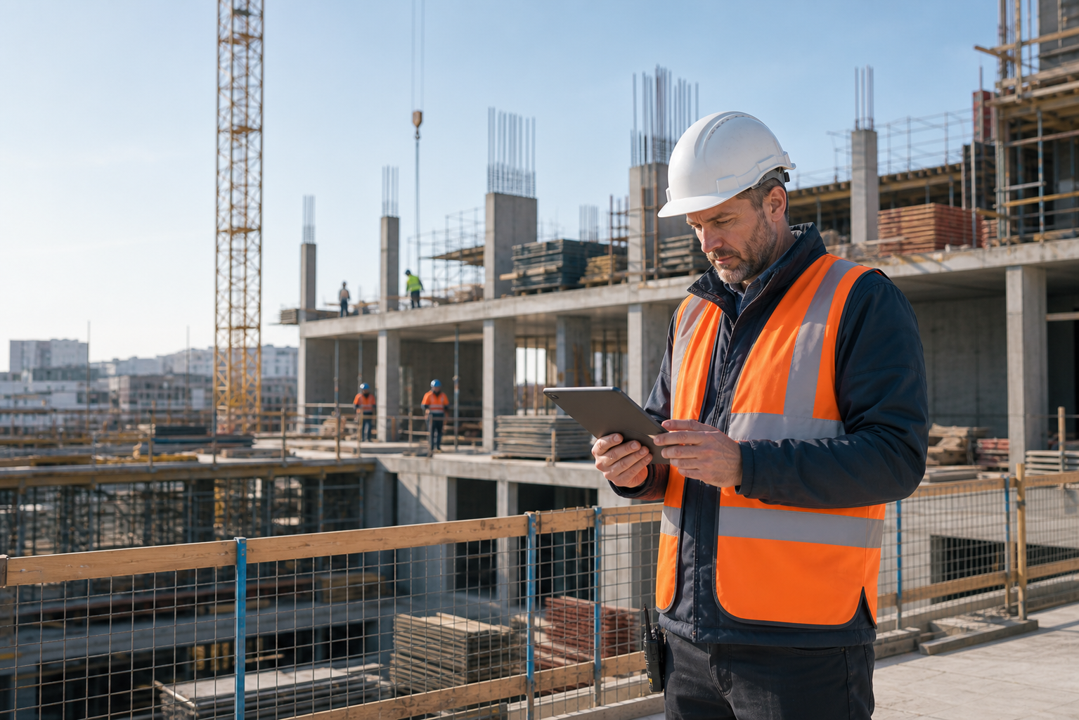 Site manager checking the daily plan on a tablet