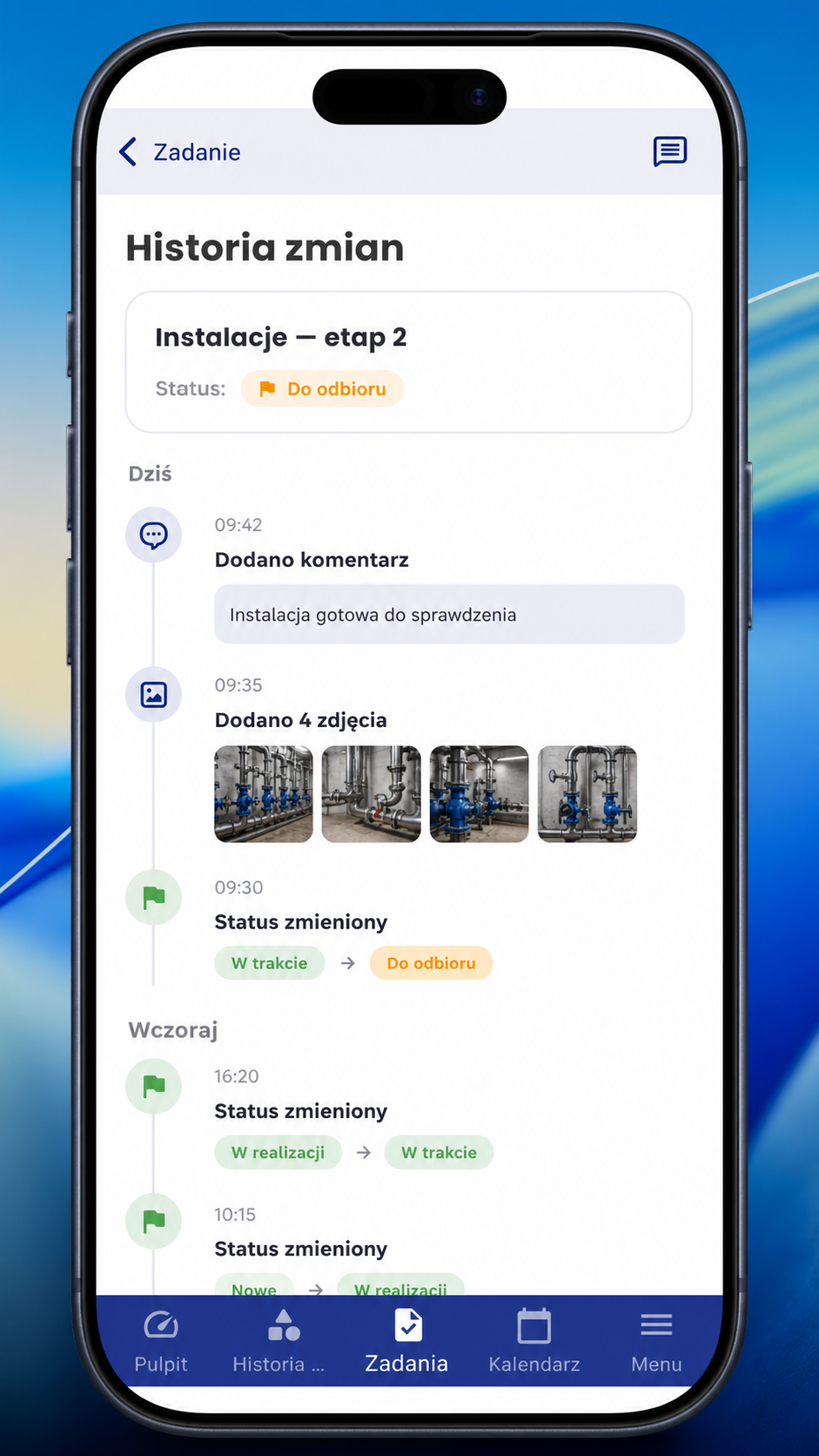 Mobile history of construction task changes, comments and photos