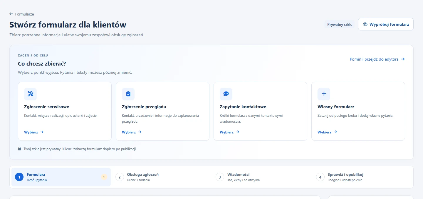 Four starting templates in the Polish editor: service, inspection, contact and a blank form.