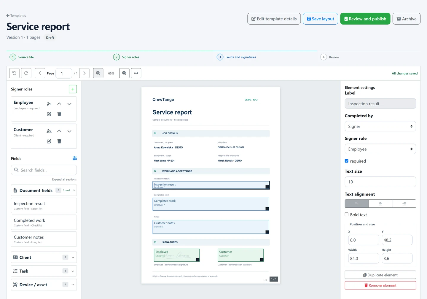 The actual template editor: a PDF, field library, signer roles and the selected field settings.