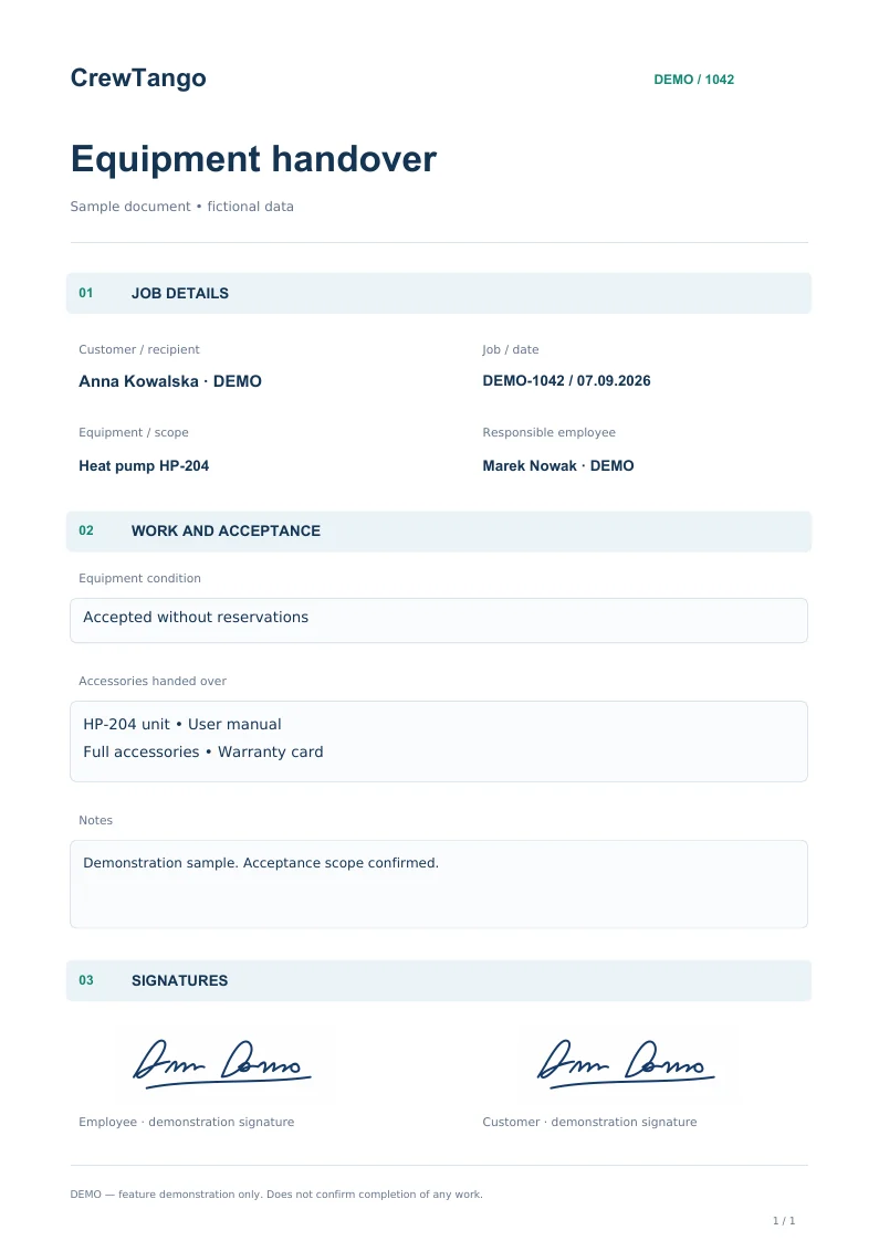 Equipment handover — example marked DEMO