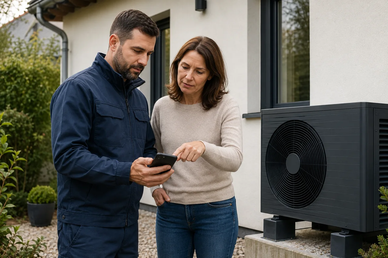 Illustrative photo of a technician and customer reviewing a document on a phone after a service visit.
