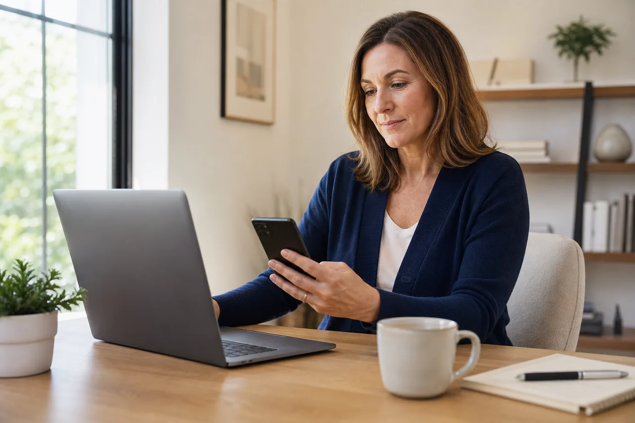 A customer reviews a document remotely at a desk using a phone and laptop.