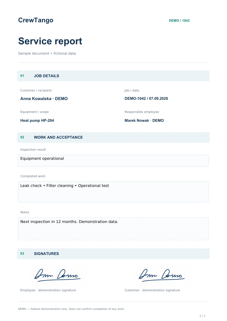 Service report DEMO-1042 with equipment details, work scope and sample signatures.