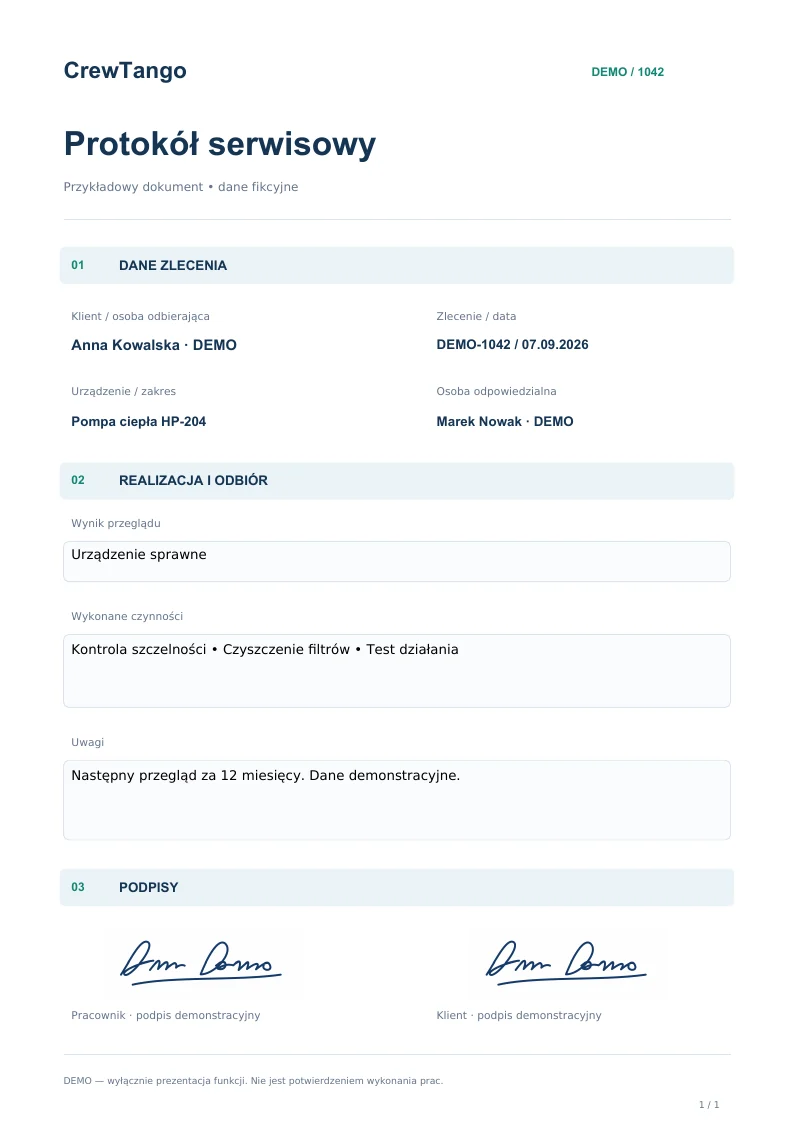 Protokół serwisowy DEMO-1042 z danymi urządzenia, zakresem prac i przykładowymi podpisami.