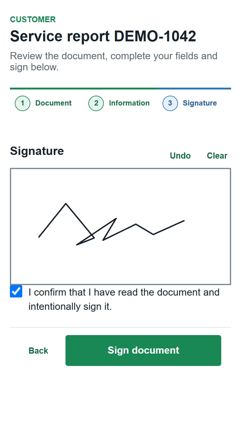Actual customer document signing screen in a browser: document review, fields and an on-screen signature.