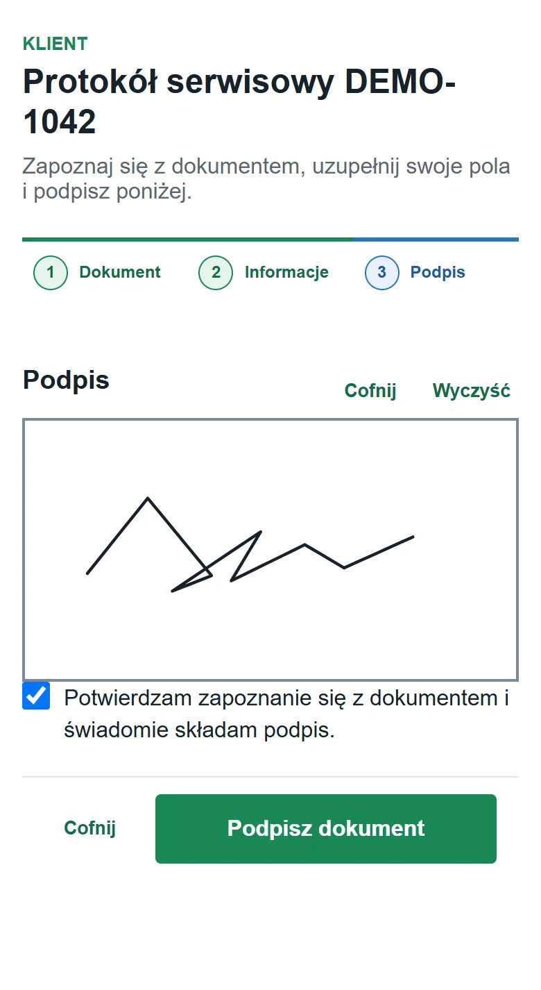 Rzeczywisty ekran podpisu klienta w przeglądarce.