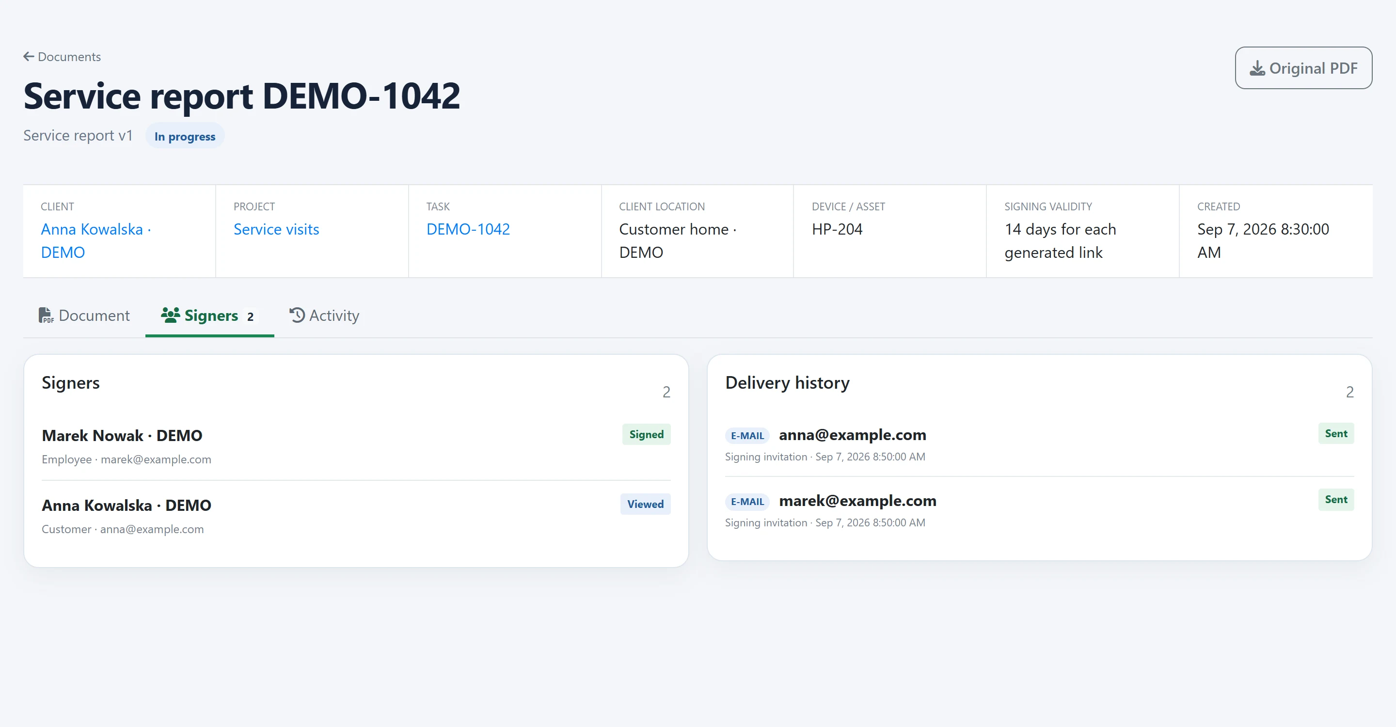 The actual document dashboard with signers and signature progress.