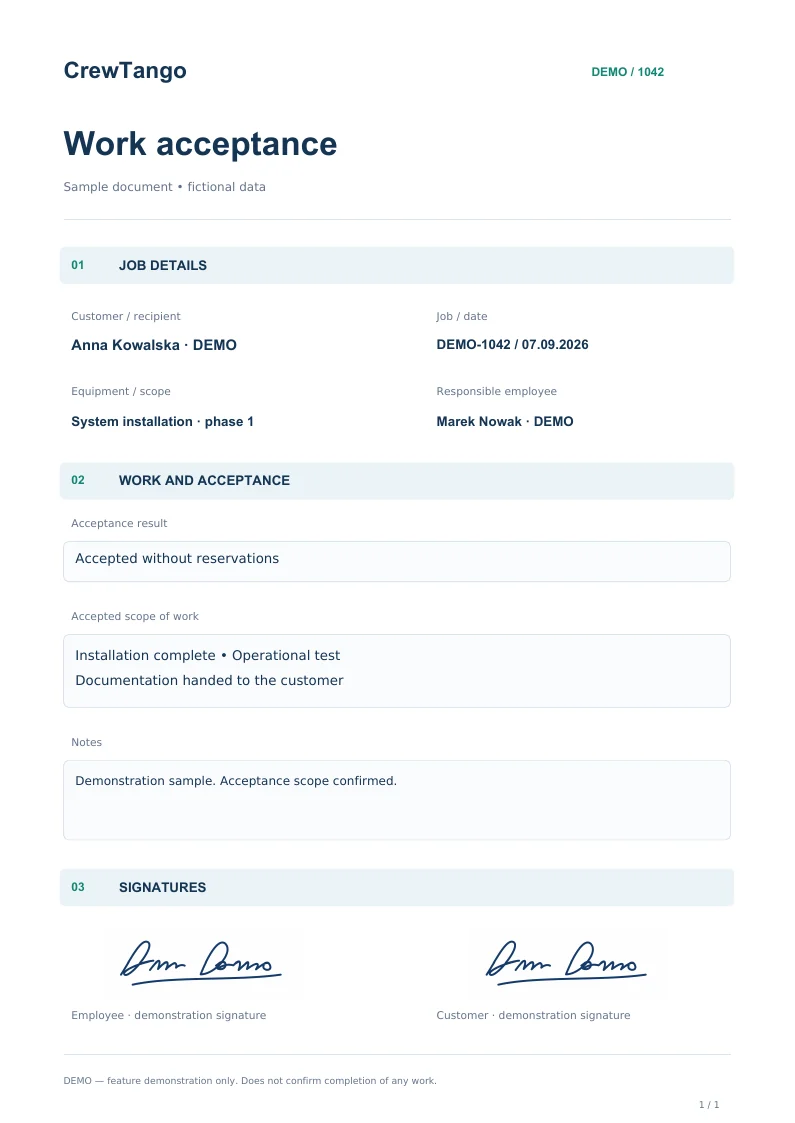Work acceptance — example marked DEMO