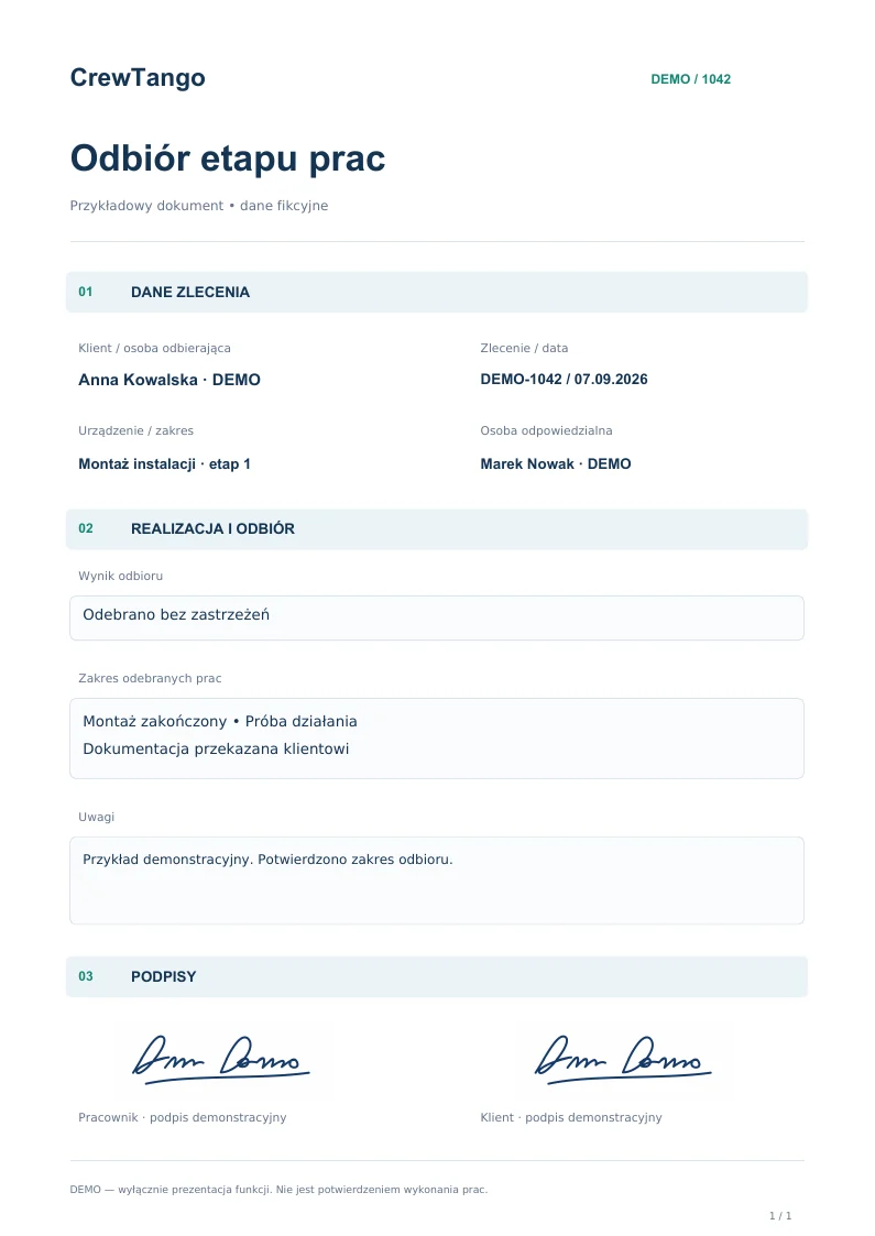 Odbiór etapu prac — przykład z oznaczeniem DEMO