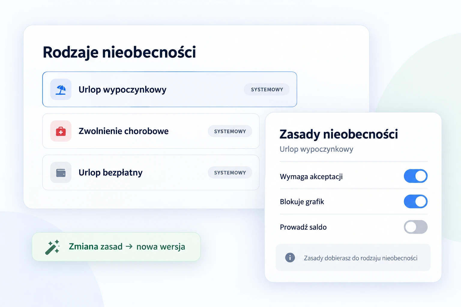 Composition of the Polish absence types and policies view: approval requirements, schedule blocking and configurable balance tracking.