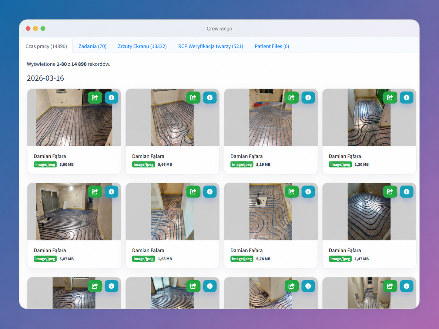 Gallery of files linked to a work session