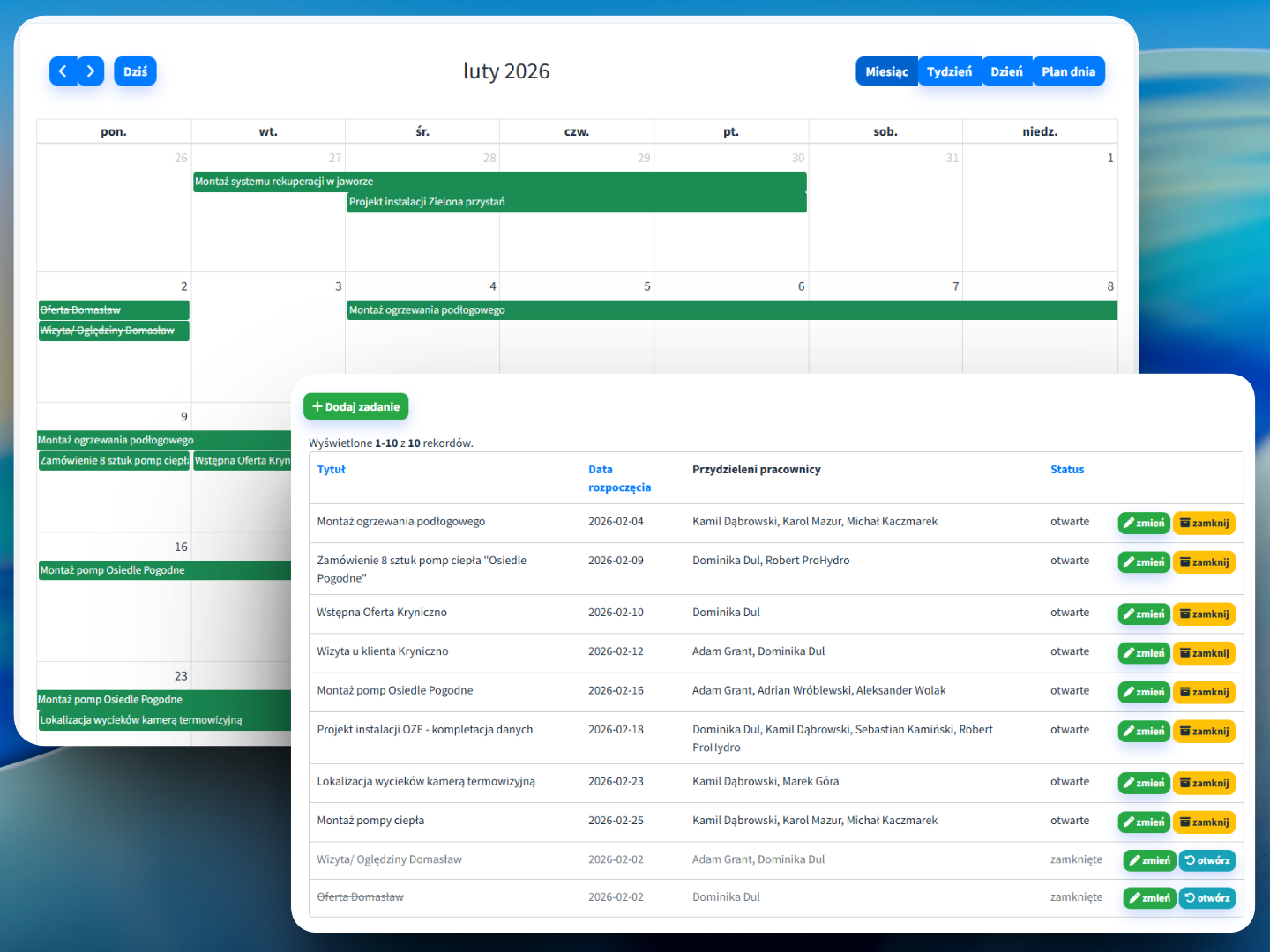 IT team task list and calendar in CrewTango