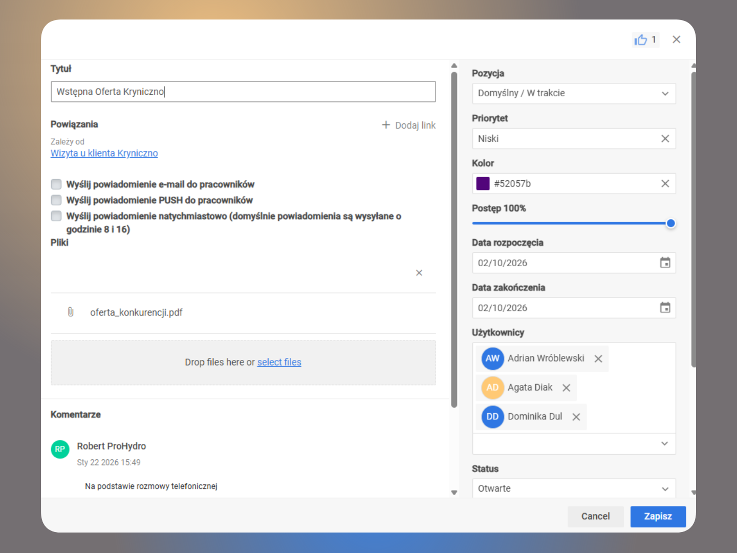 IT team task comments, files and details in CrewTango
