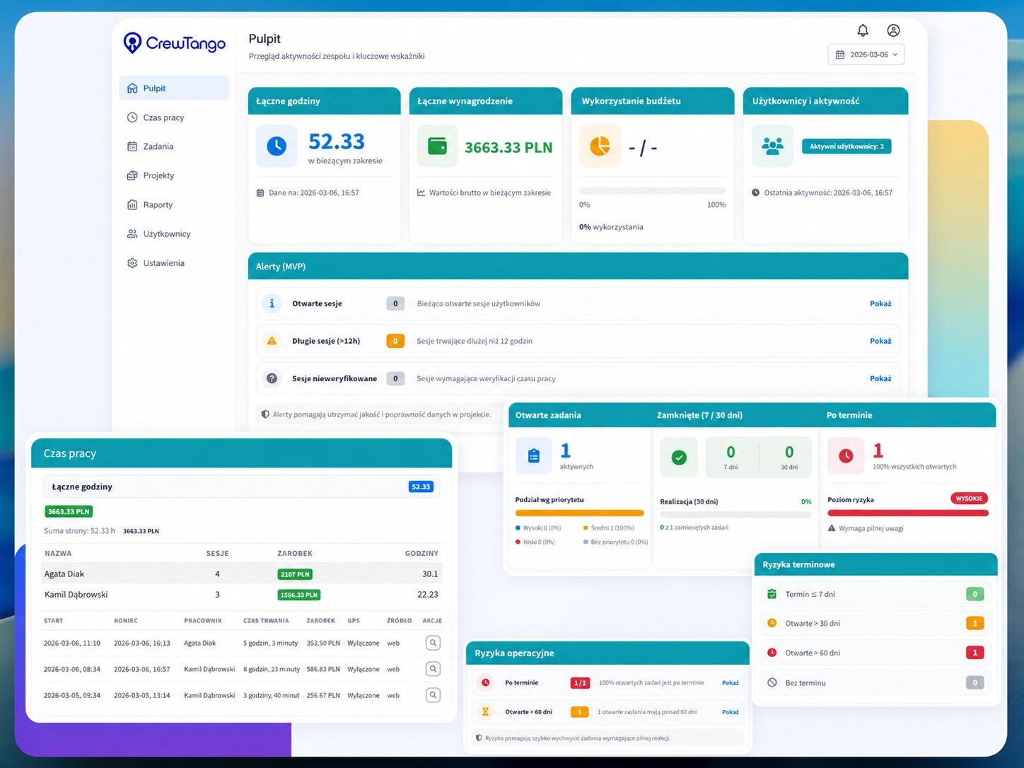 CrewTango manager dashboard in the browser