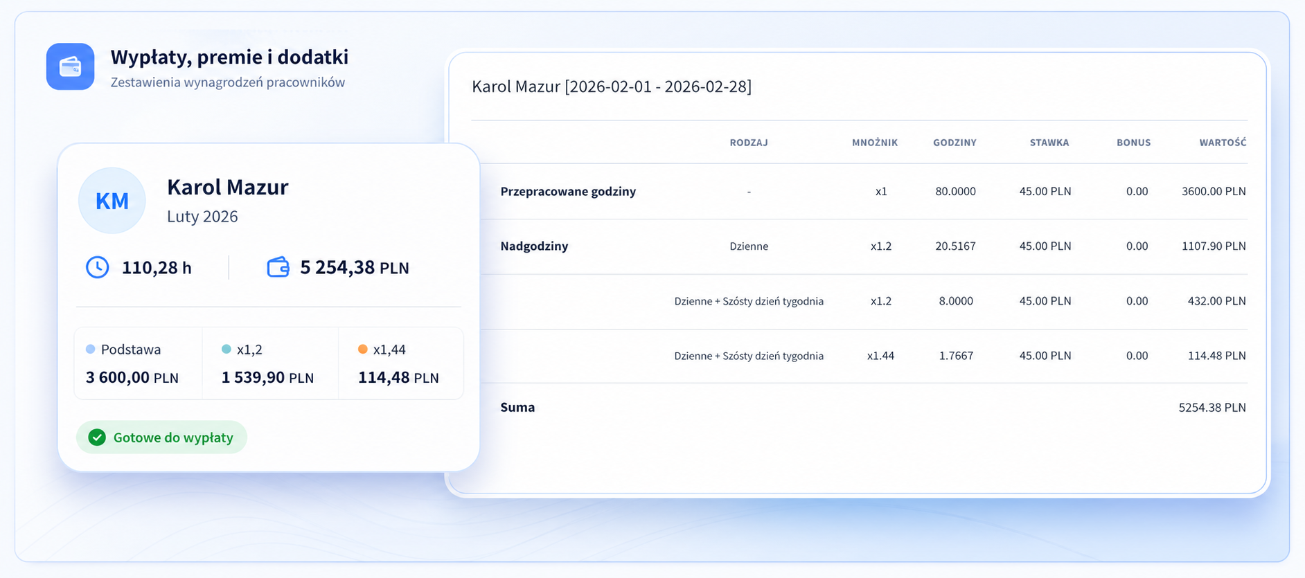 Summary of hours, overtime, allowances and pay — Polish interface