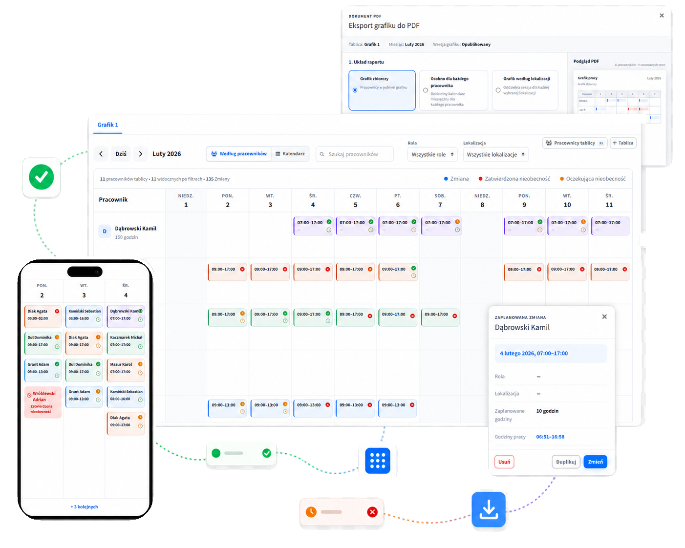 CrewTango schedule, employee calendar, shift details and PDF export — Polish interface