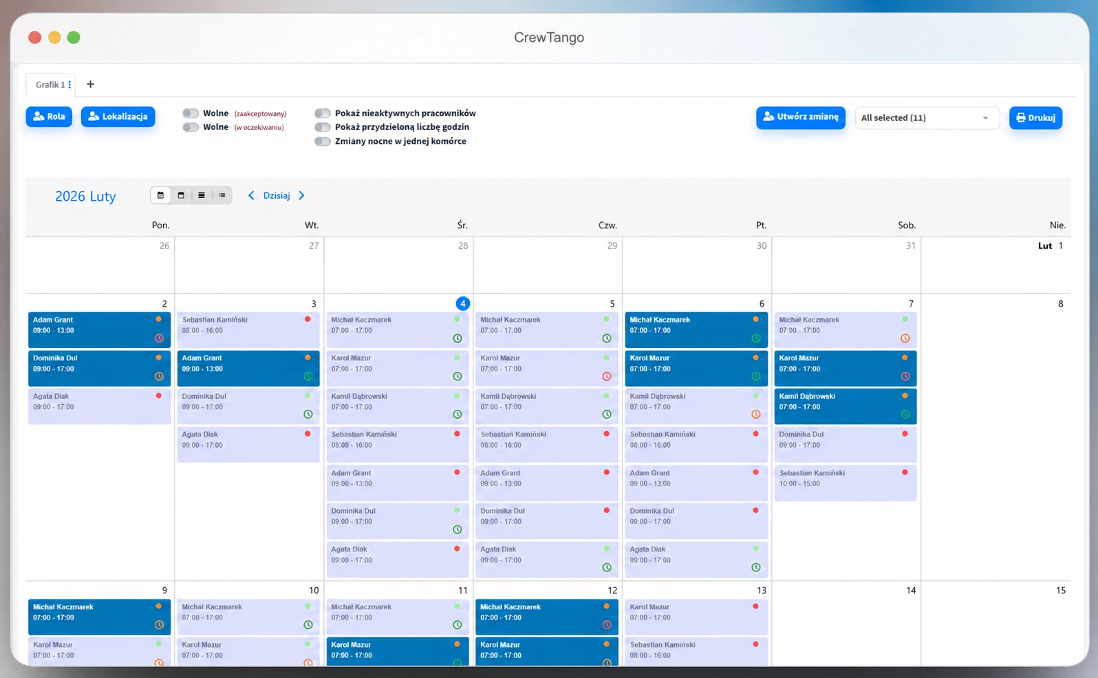 Team shift planning calendar — Polish interface