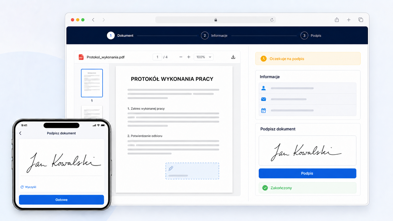 Service report signed on a phone and in a browser