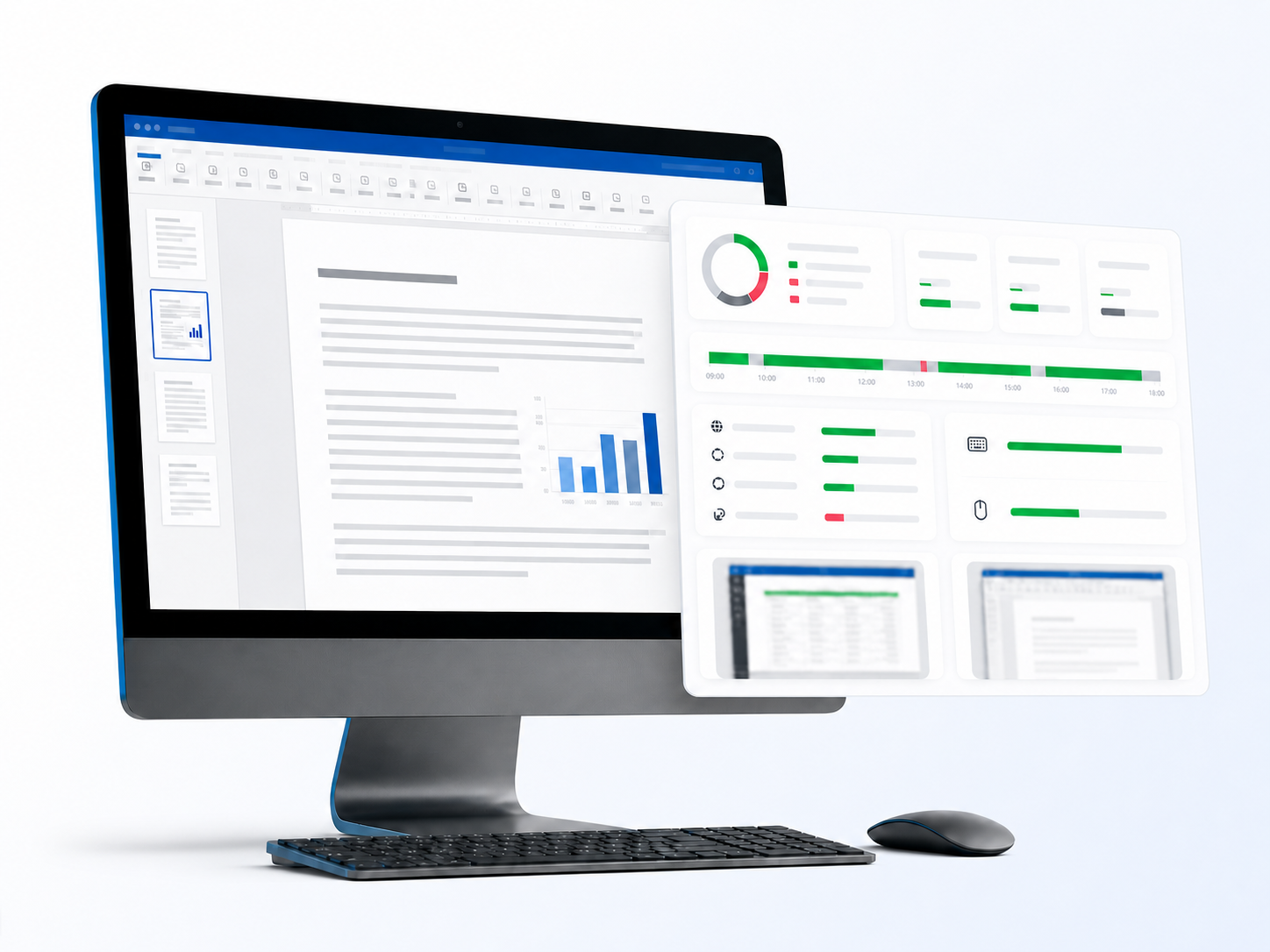 Computer displaying a document alongside productivity, activity and optional screenshot summaries