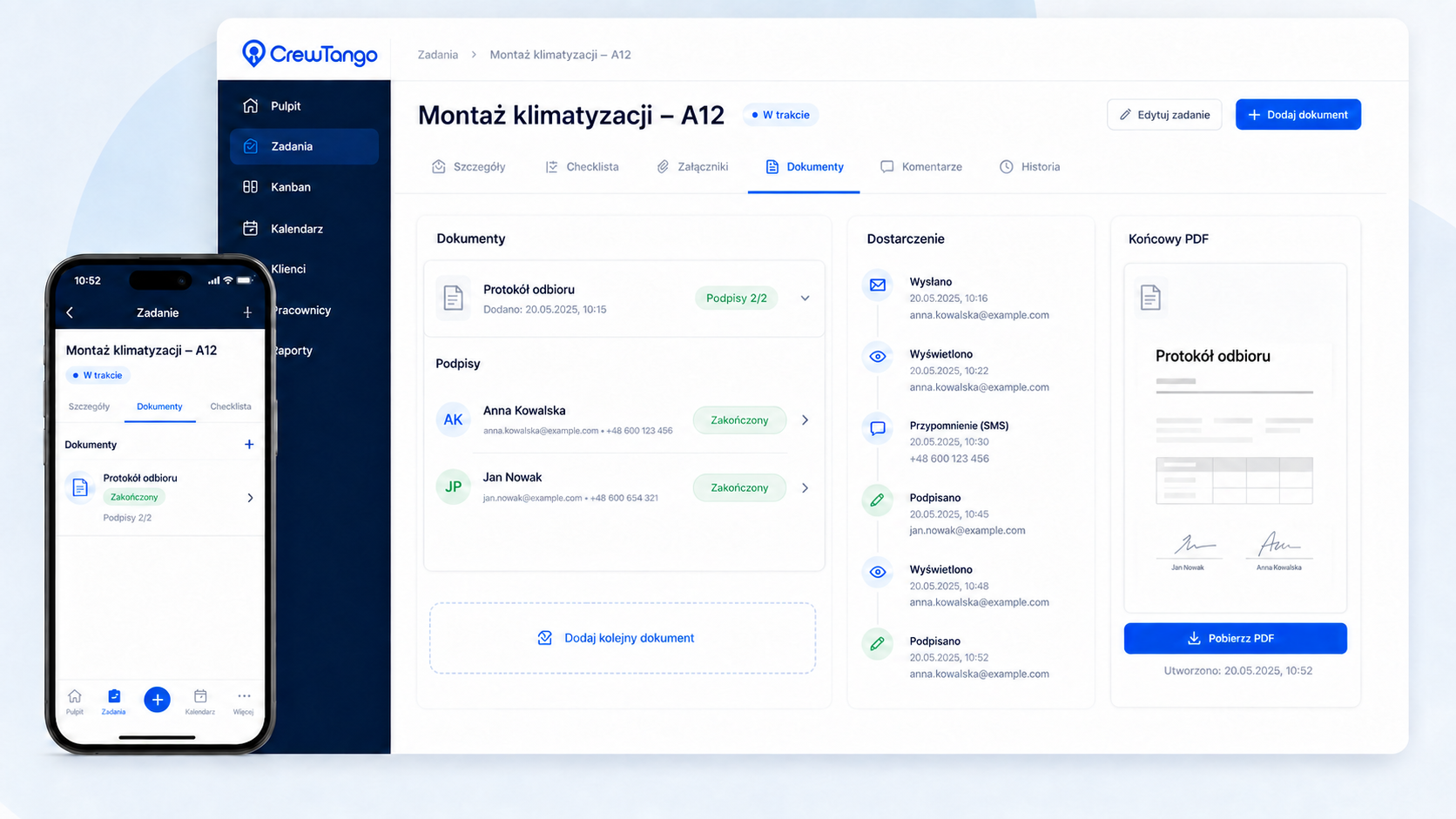 Documents and signatures linked to tasks