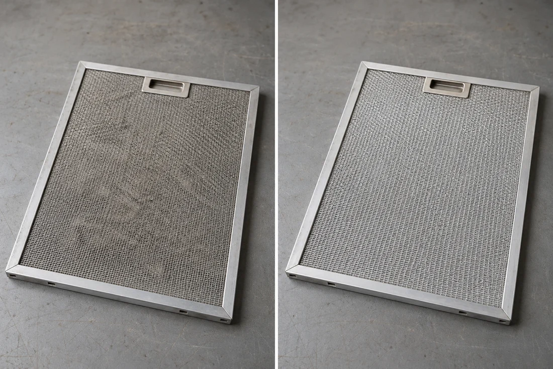 Illustrative photos of the same filter cassette: before cleaning on the left and after cleaning on the right.